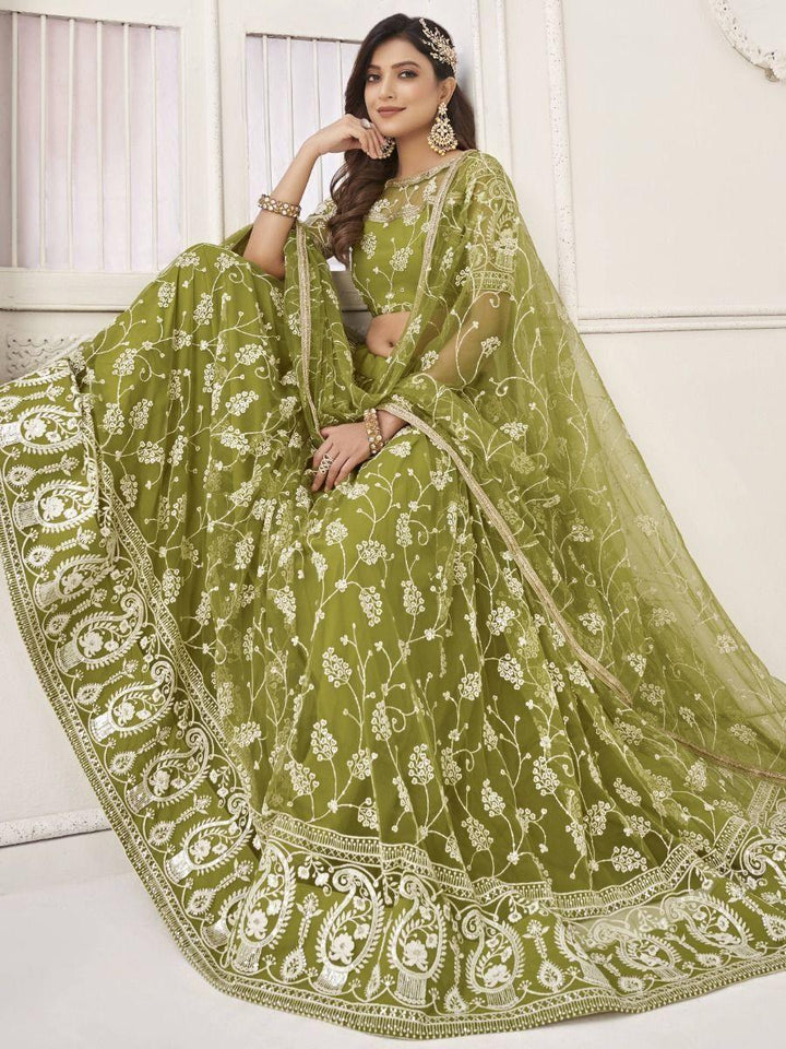 Charming Olive Green Embroidered | Net Mhendi Wear Lehenga Choli Collection