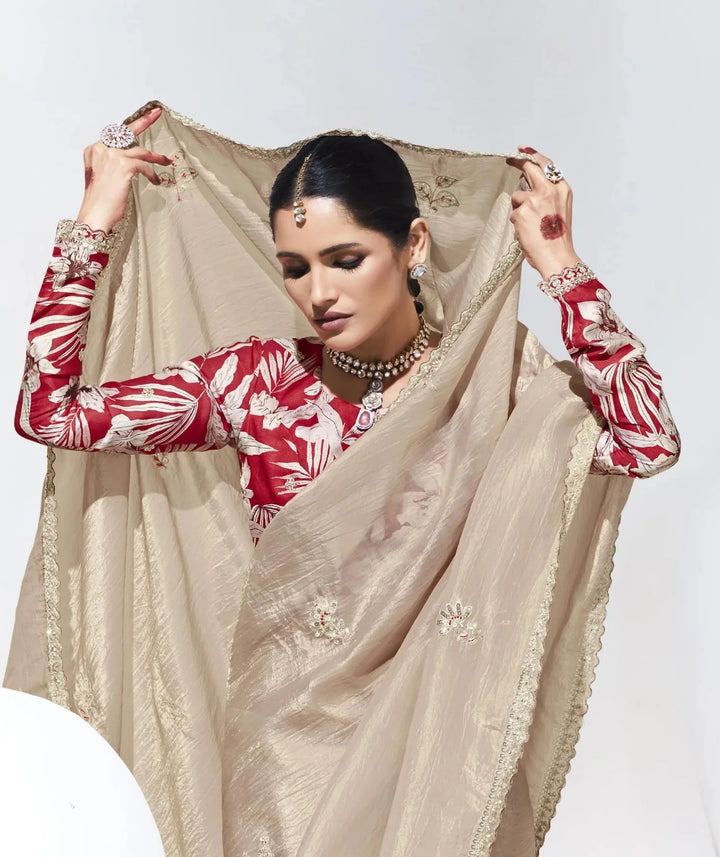 Designer Beige Saree with Satin Silk Blouse for Wedding Wear