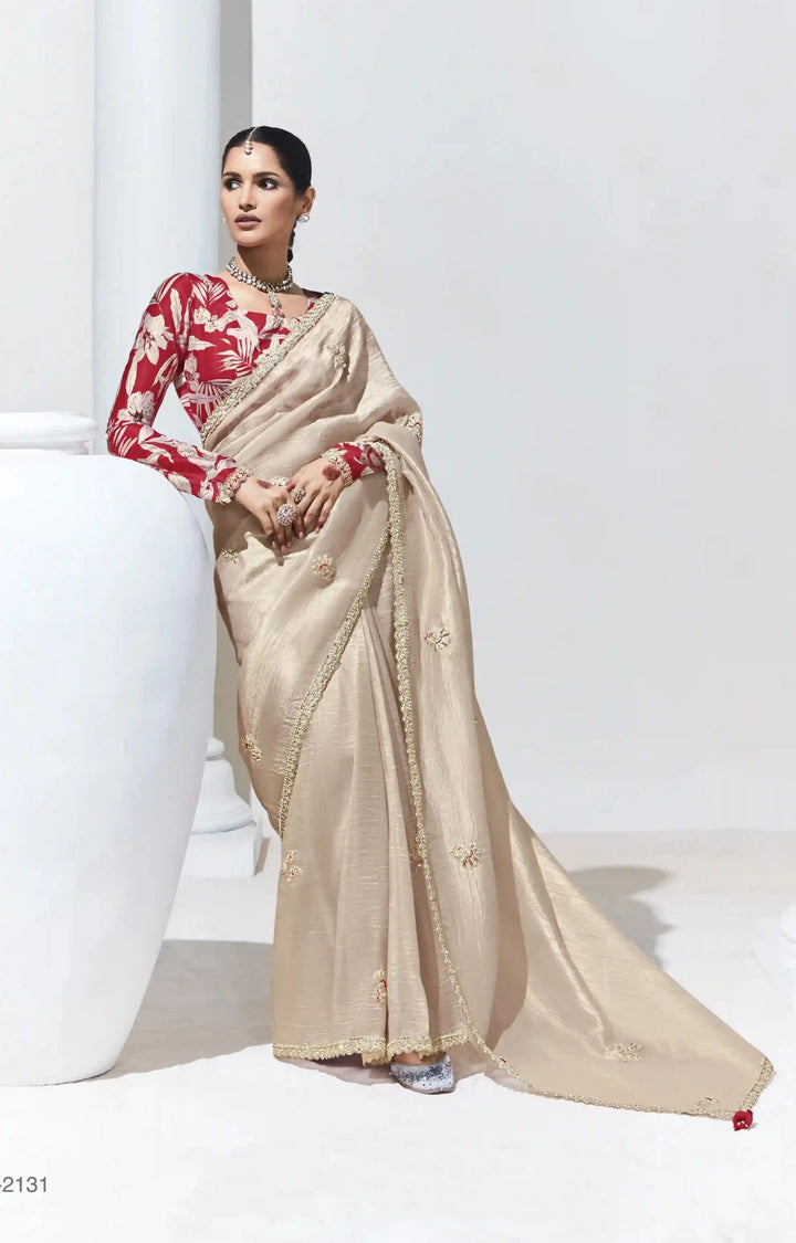 Designer Beige Saree with Satin Silk Blouse for Wedding Wear