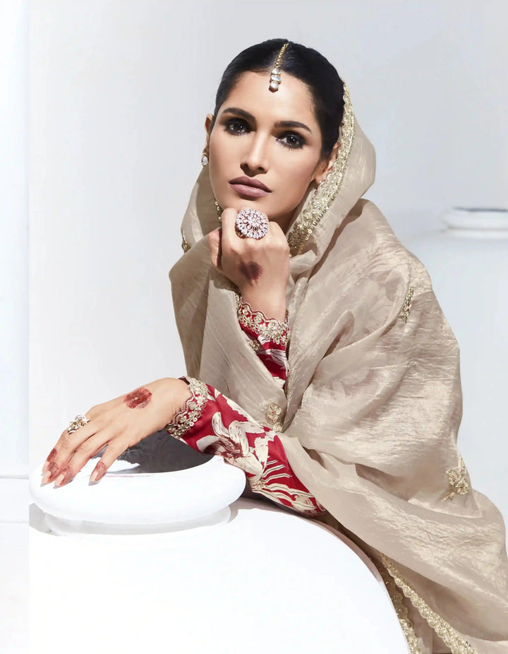 Designer Beige Saree with Satin Silk Blouse for Wedding Wear