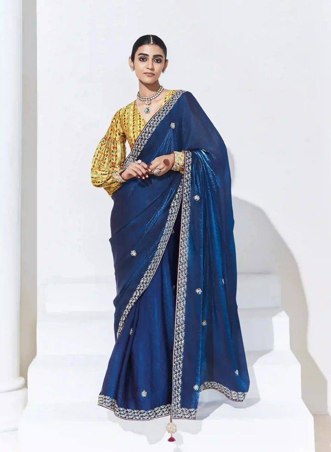 Designer Dark Blue Saree with Satin Silk Blouse for Festive Wear
