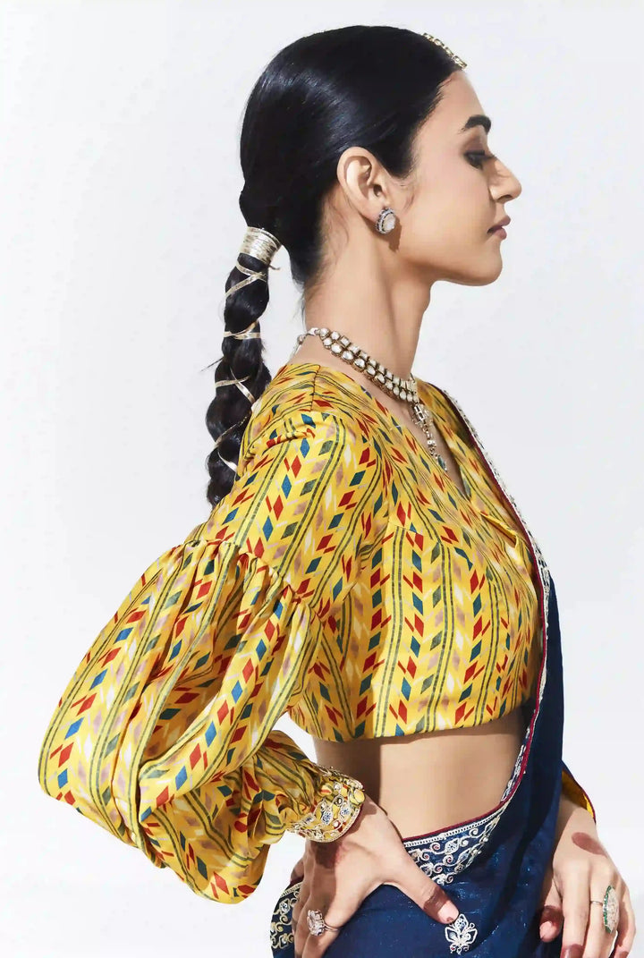 Designer Dark Blue Saree with Satin Silk Blouse for Festive Wear