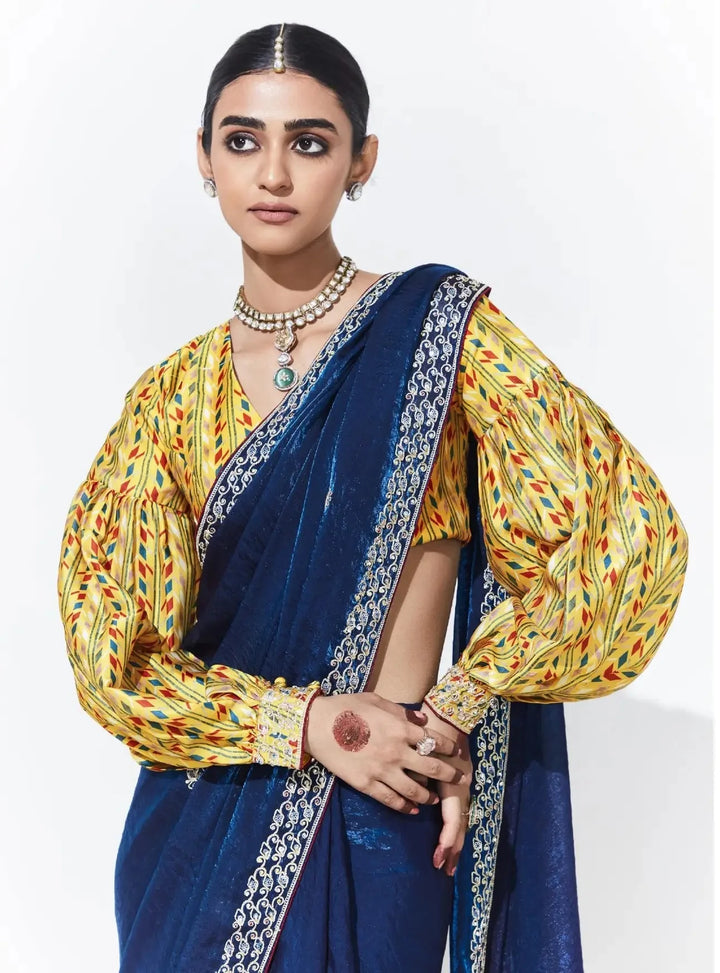 Designer Dark Blue Saree with Satin Silk Blouse for Festive Wear