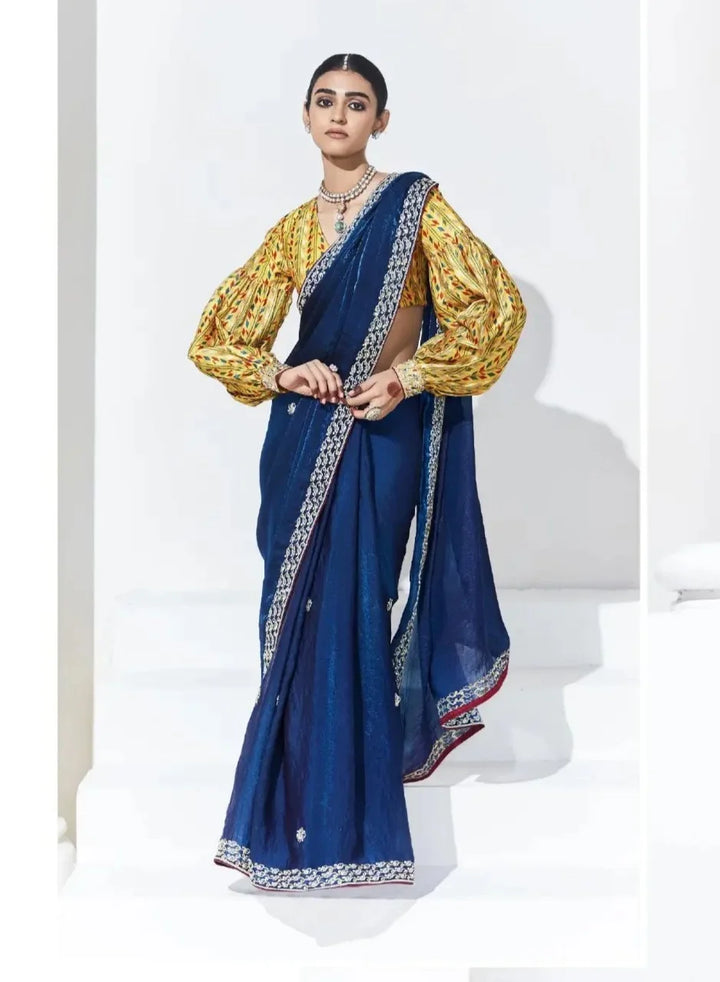 Designer Dark Blue Saree with Satin Silk Blouse for Festive Wear