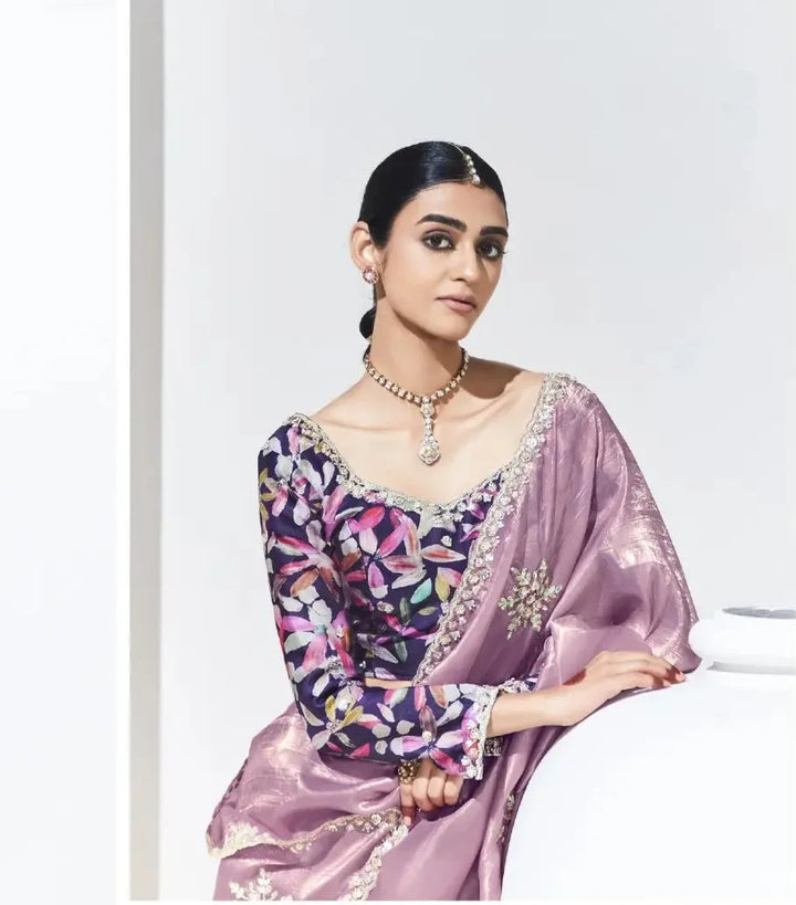 Fancy Mauve Saree with Embroidered Work & Satin Silk Blouse