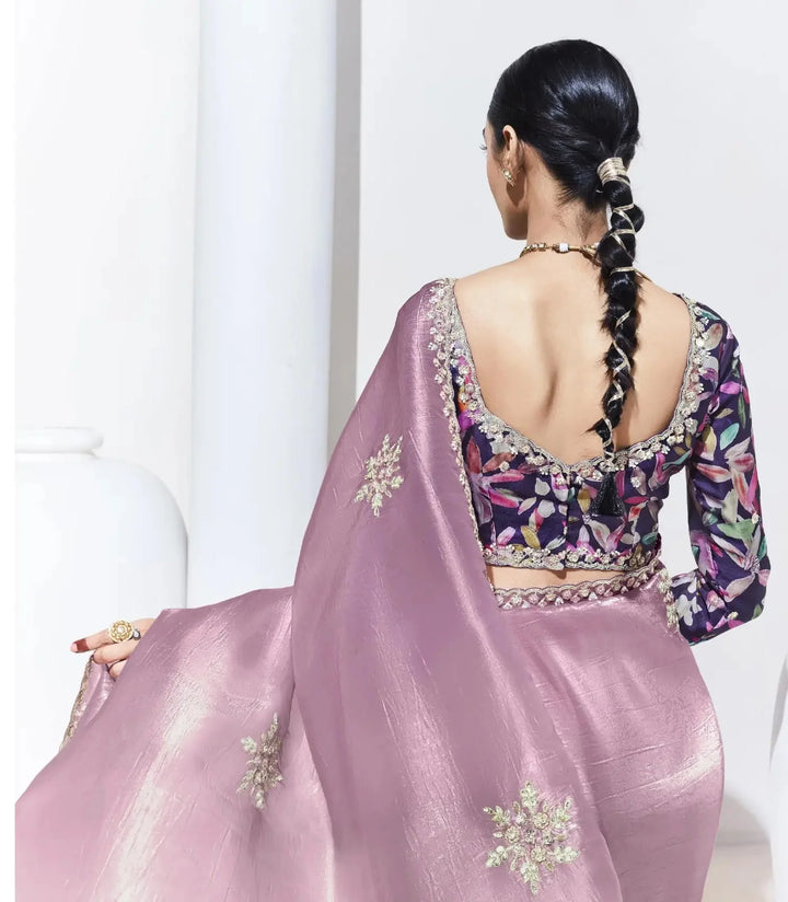 Fancy Mauve Saree with Embroidered Work & Satin Silk Blouse