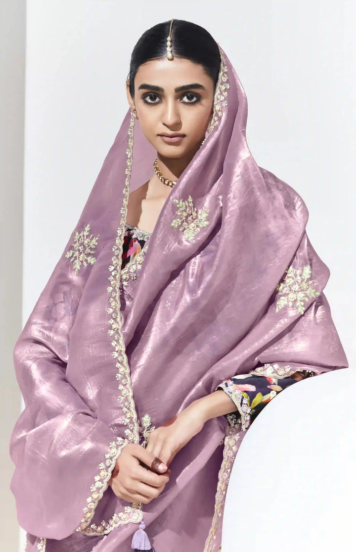 Fancy Mauve Saree with Embroidered Work & Satin Silk Blouse