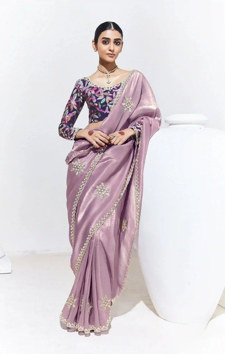 Fancy Mauve Saree with Embroidered Work & Satin Silk Blouse