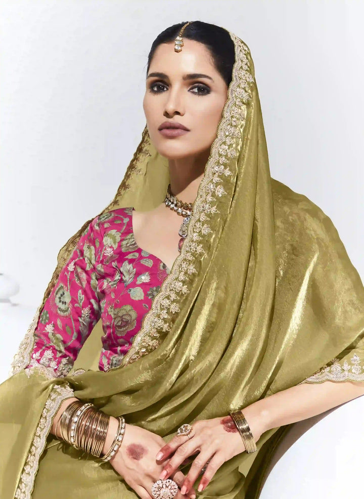 Olive Green Saree with Embroidery & Sequins Work for Party Wear