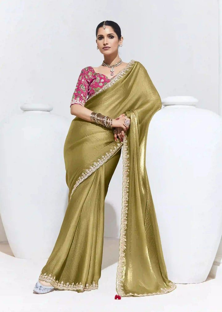 Olive Green Saree with Embroidery & Sequins Work for Party Wear
