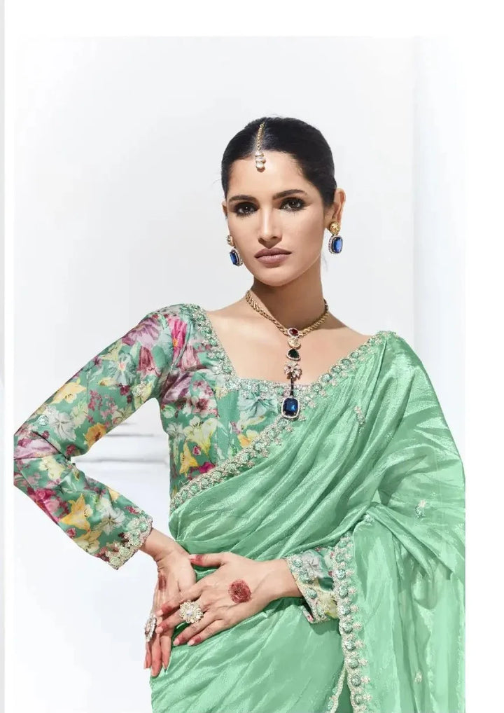 Designer Sequins Embroidery Sea Green Saree for Wedding & Party Wear