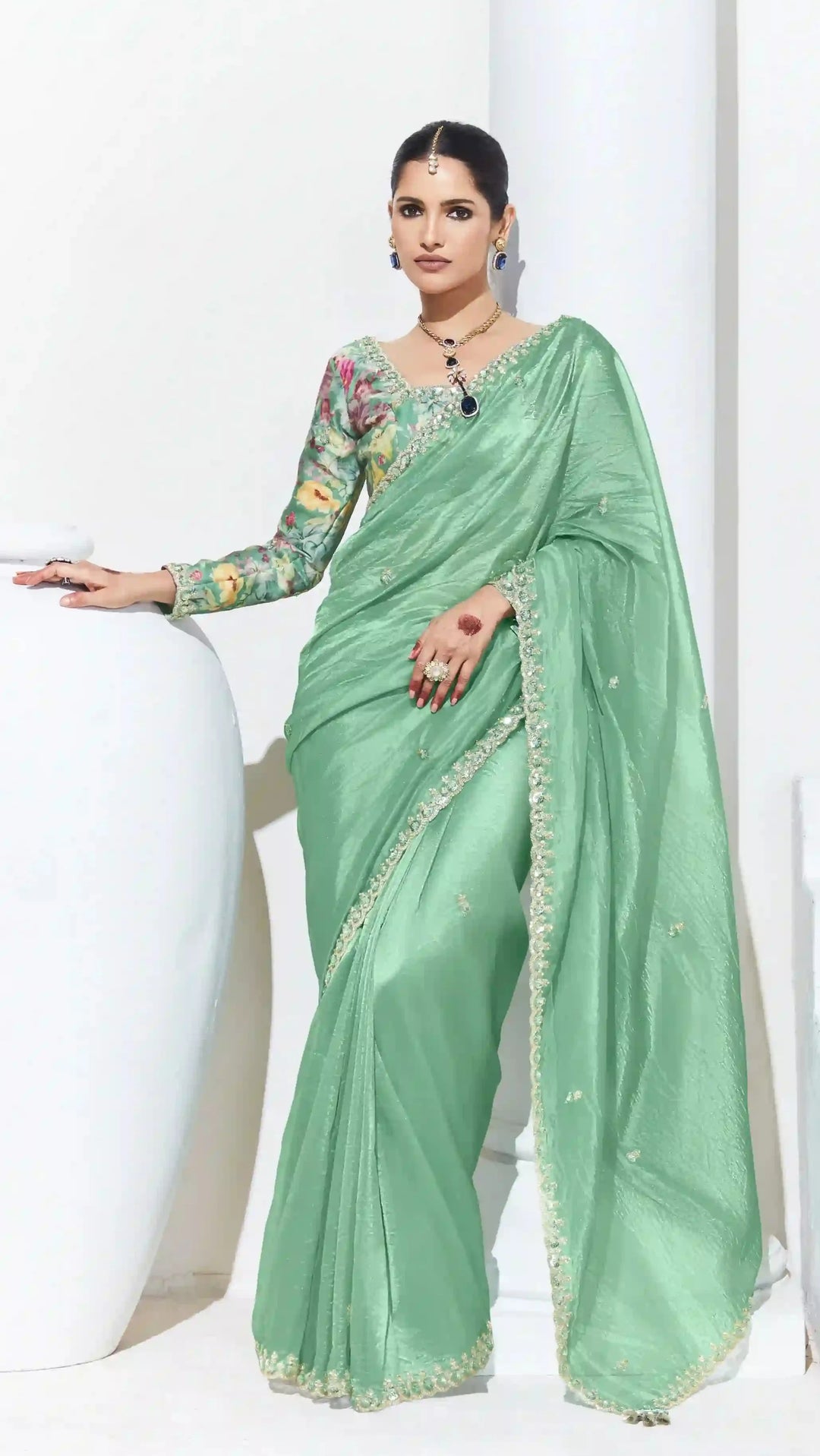 Designer Sequins Embroidery Sea Green Saree for Wedding & Party Wear