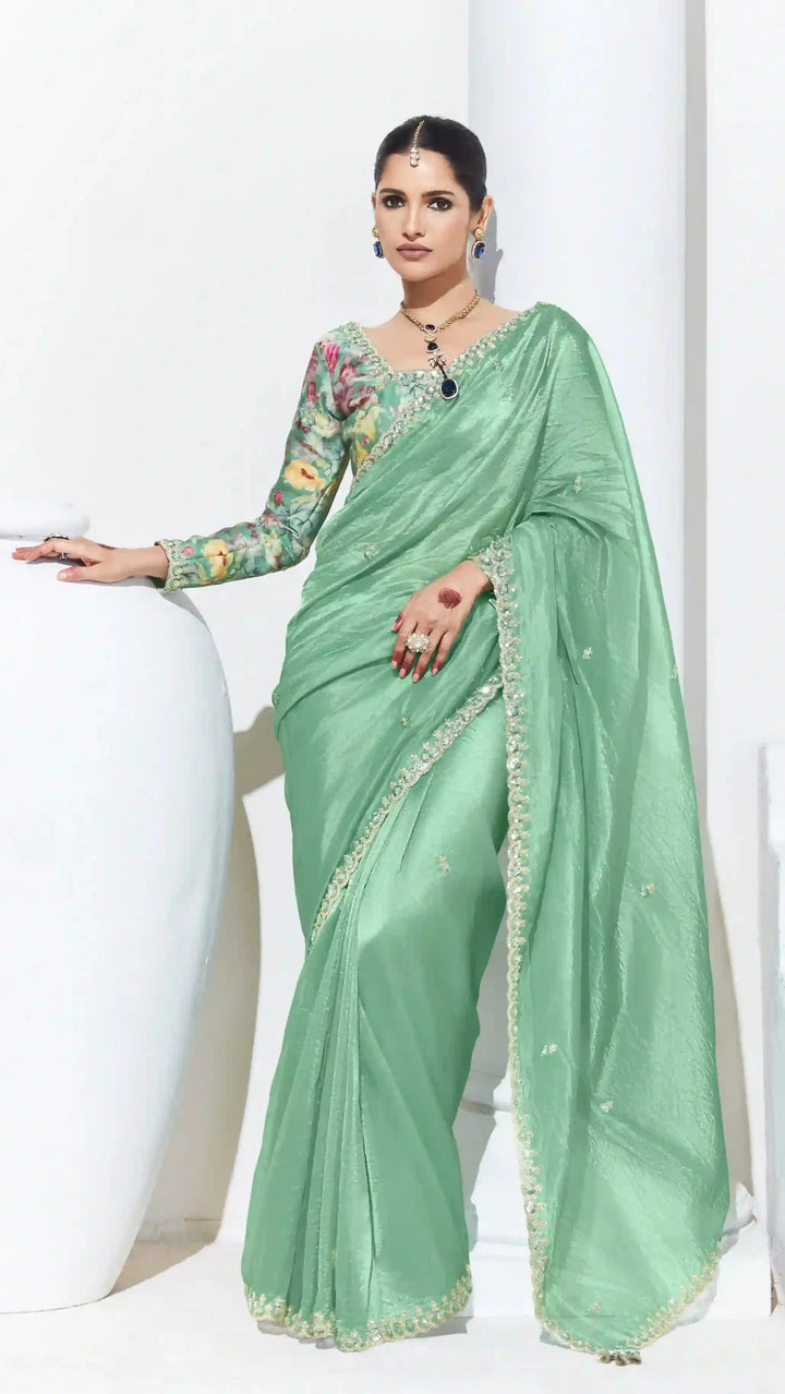 Designer Sequins Embroidery Sea Green Saree for Wedding & Party Wear