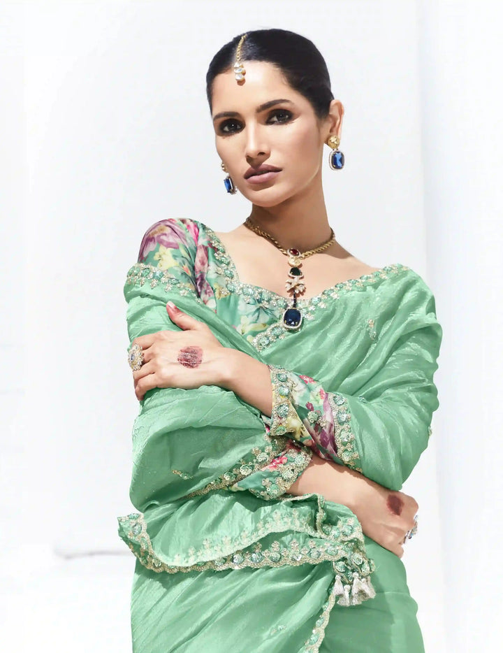 Designer Sequins Embroidery Sea Green Saree for Wedding & Party Wear
