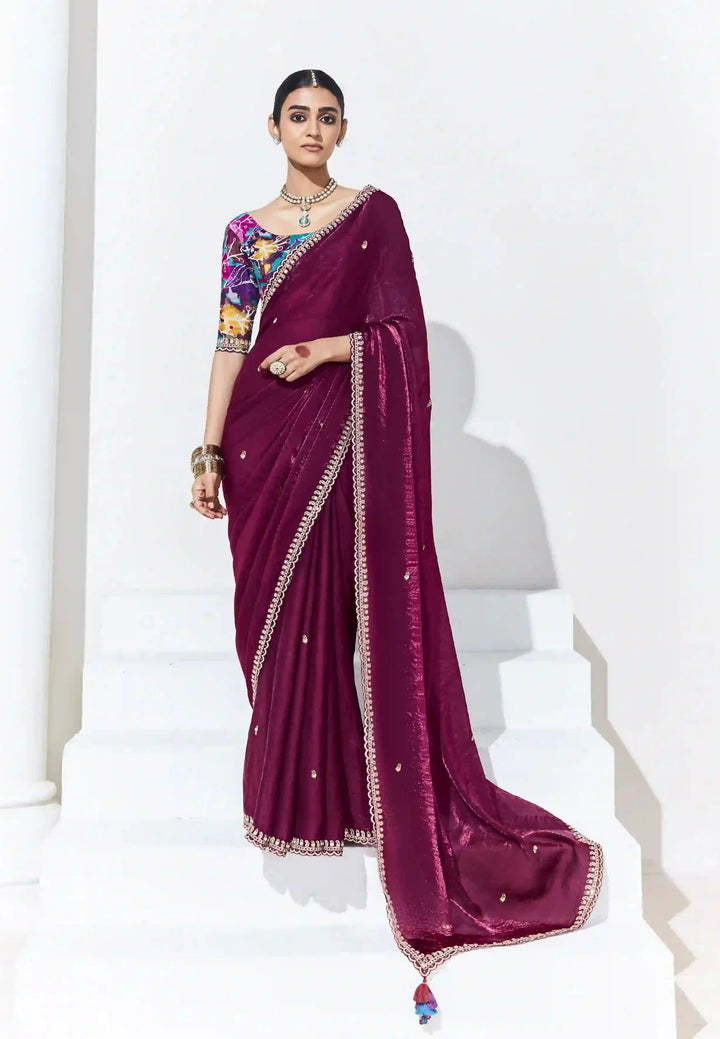 Wine Saree with Sequins Embroidery & Satin Blouse for Party Wear