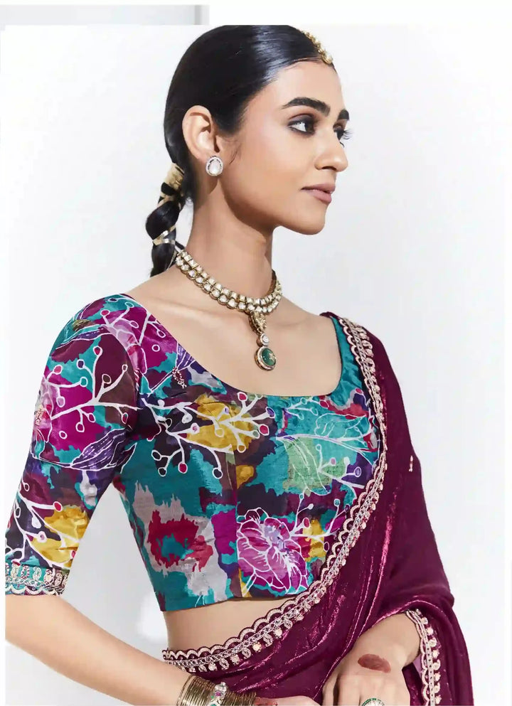 Wine Saree with Sequins Embroidery & Satin Blouse for Party Wear