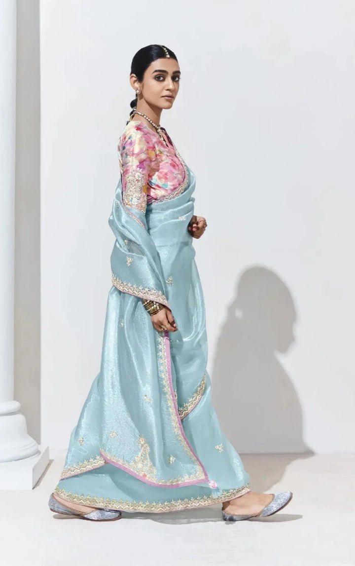 Fancy Sky Blue Saree with Digital Print Blouse for Wedding