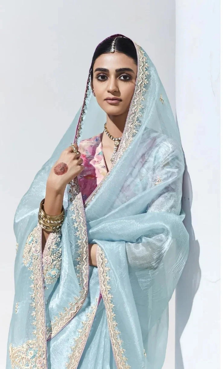 Fancy Sky Blue Saree with Digital Print Blouse for Wedding