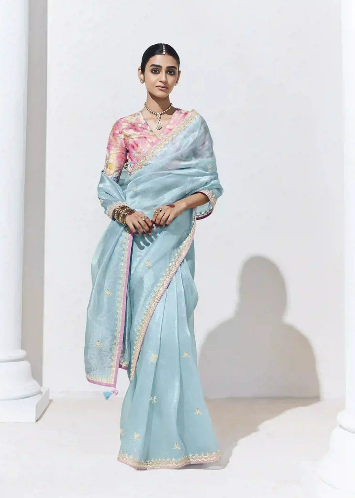 Fancy Sky Blue Saree with Digital Print Blouse for Wedding