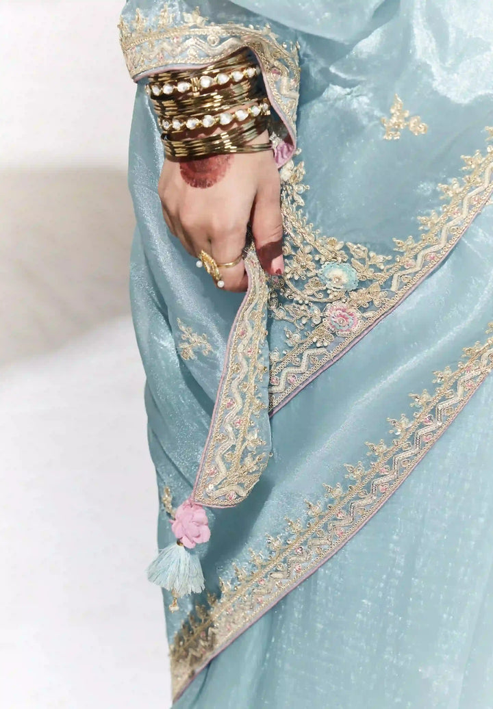 Fancy Sky Blue Saree with Digital Print Blouse for Wedding
