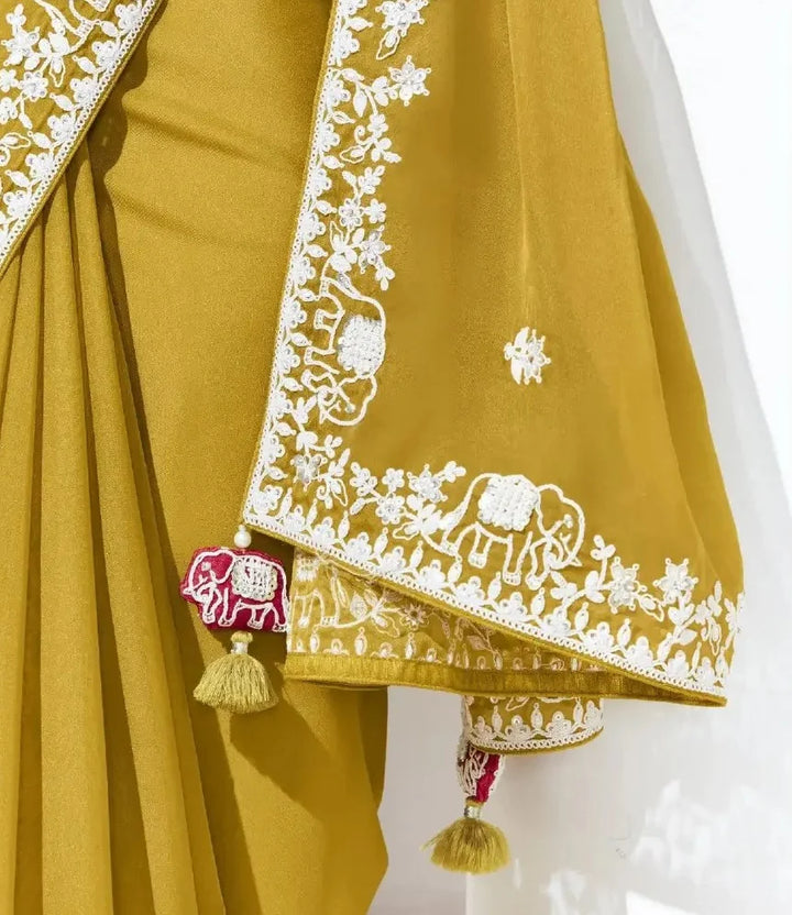Mustard Yellow Saree with Sequins & Embroidery for Haldi
