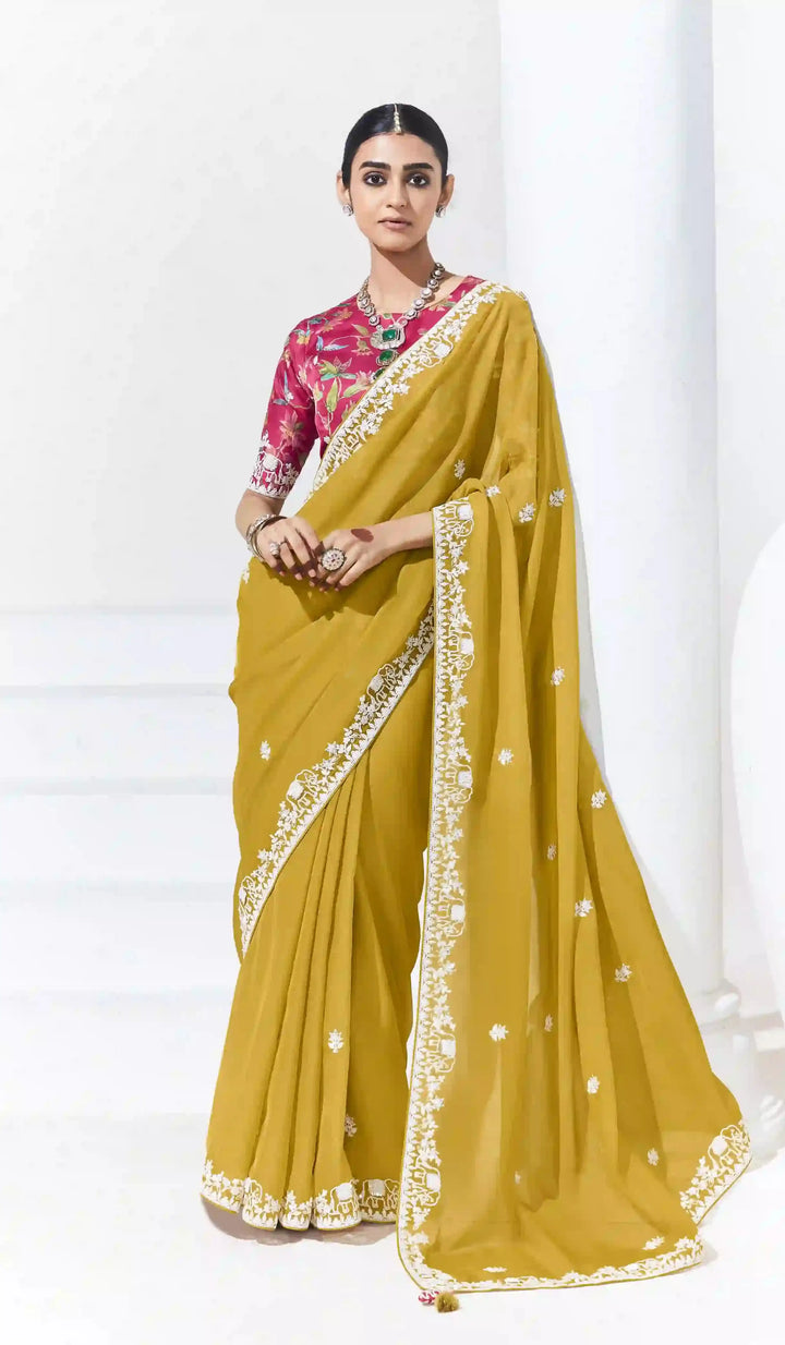 Mustard Yellow Saree with Sequins & Embroidery for Haldi