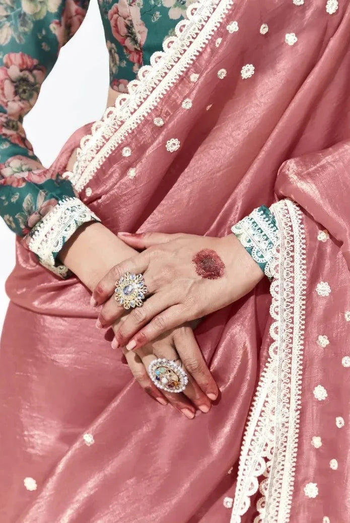 Designer Dusty Pink Saree with Digital Print Blouse for Weddings