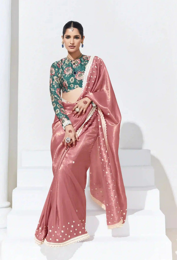 Designer Dusty Pink Saree with Digital Print Blouse for Weddings