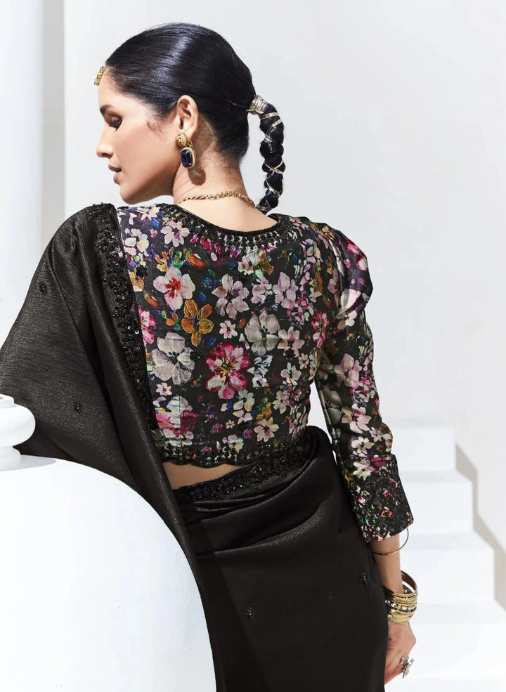 Stylish Black Saree with Embroidery & Satin Silk Blouse for Parties