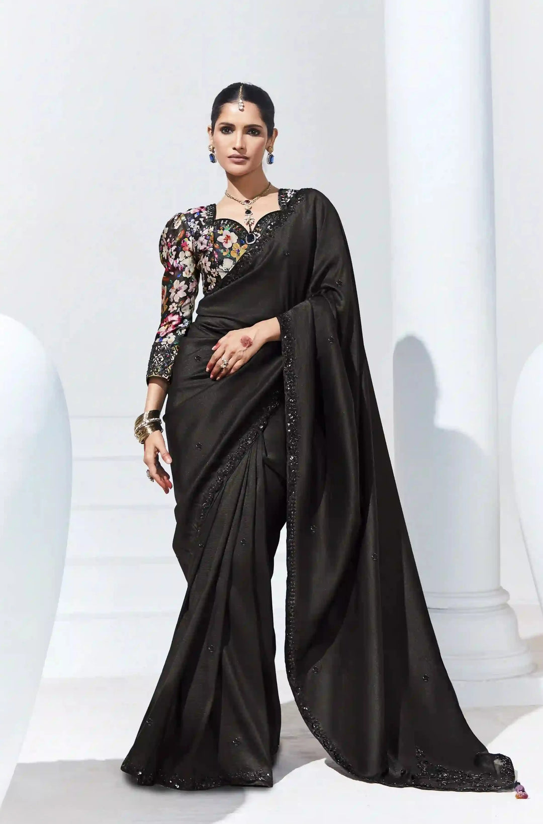 Stylish Black Saree with Embroidery & Satin Silk Blouse for Parties