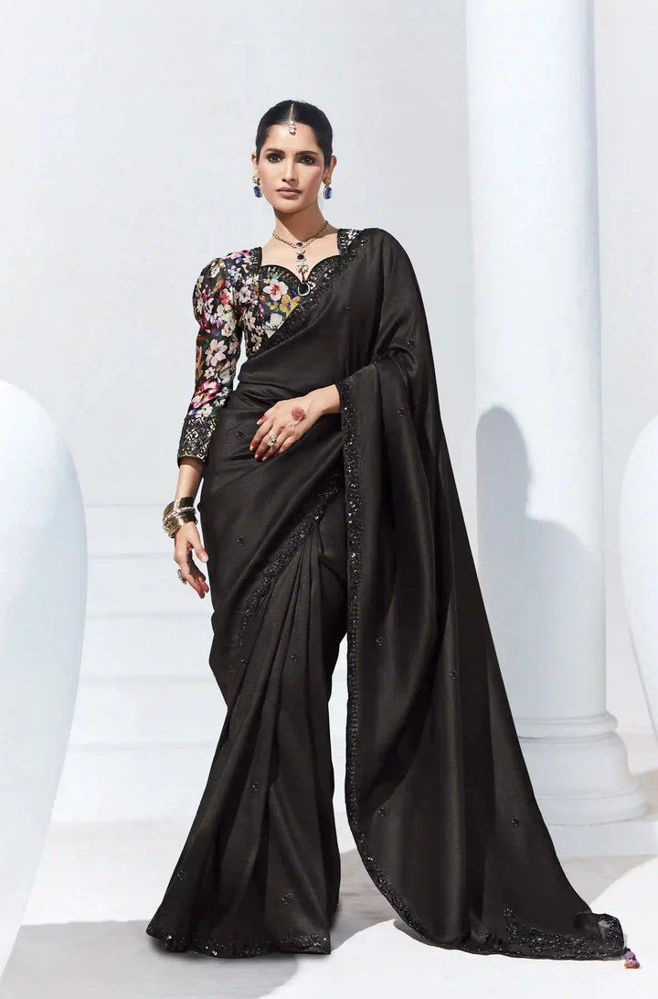 Stylish Black Saree with Embroidery & Satin Silk Blouse for Parties