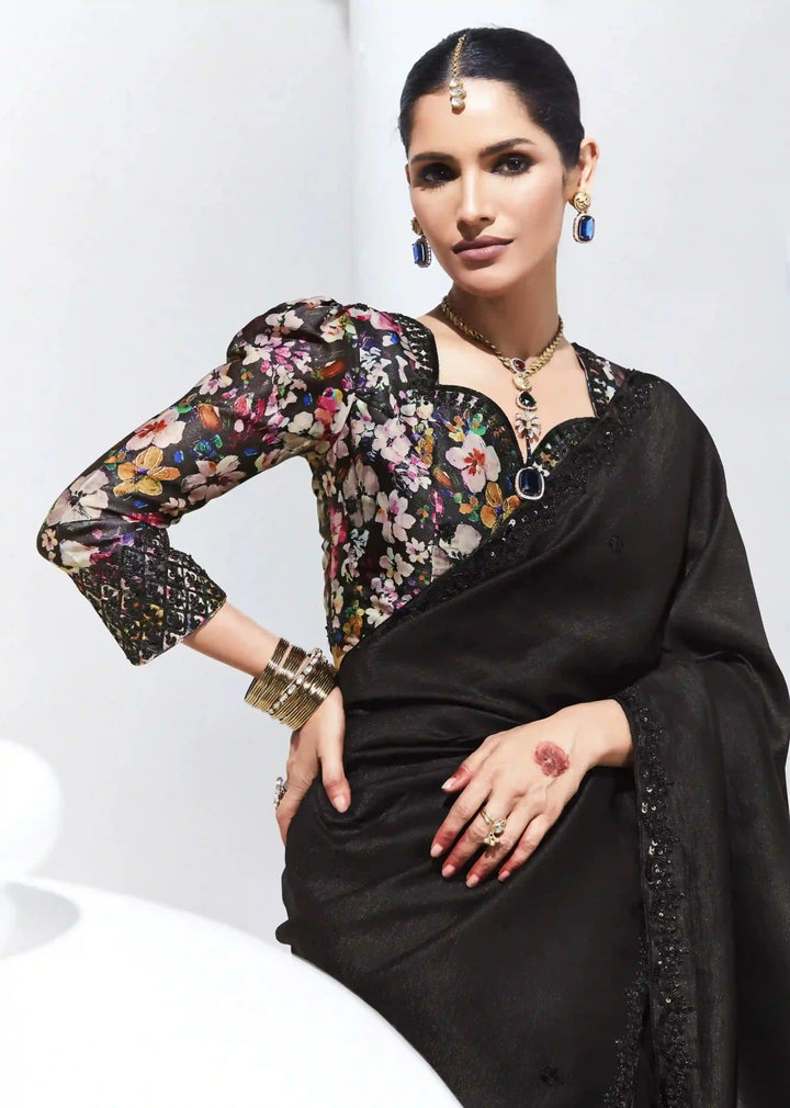 Stylish Black Saree with Embroidery & Satin Silk Blouse for Parties
