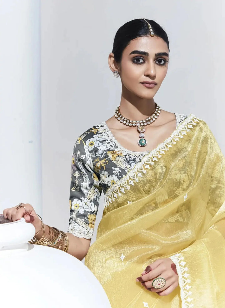 Light Yellow Saree with Embroidery & Satin Silk Blouse Elegant Look
