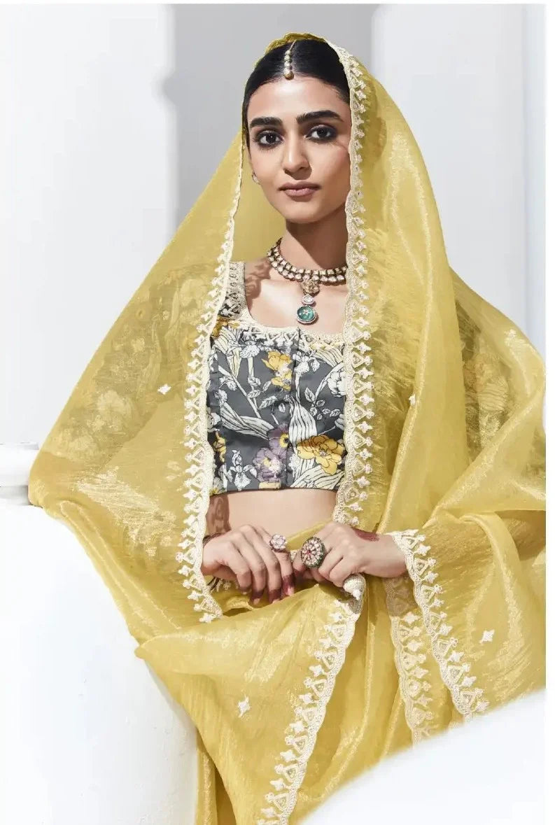 Light Yellow Saree with Embroidery & Satin Silk Blouse Elegant Look