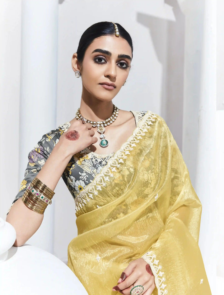 Light Yellow Saree with Embroidery & Satin Silk Blouse Elegant Look