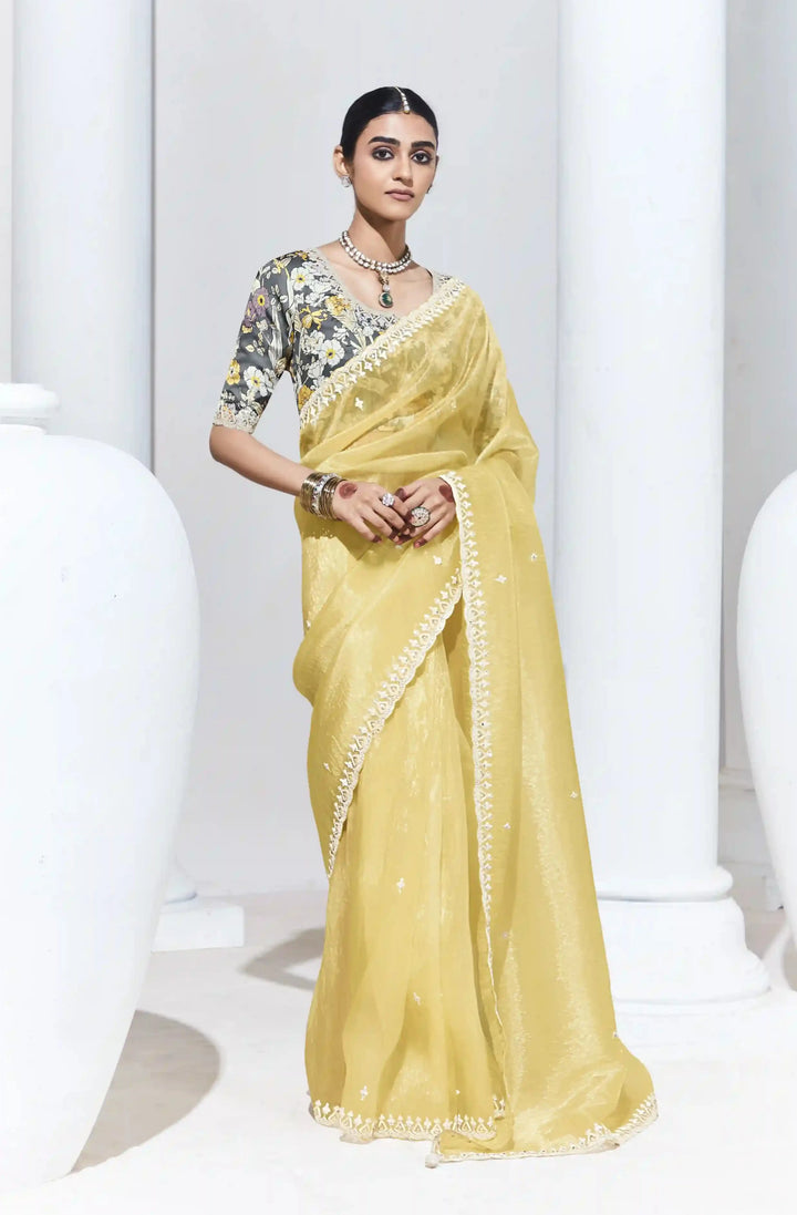 Light Yellow Saree with Embroidery & Satin Silk Blouse Elegant Look