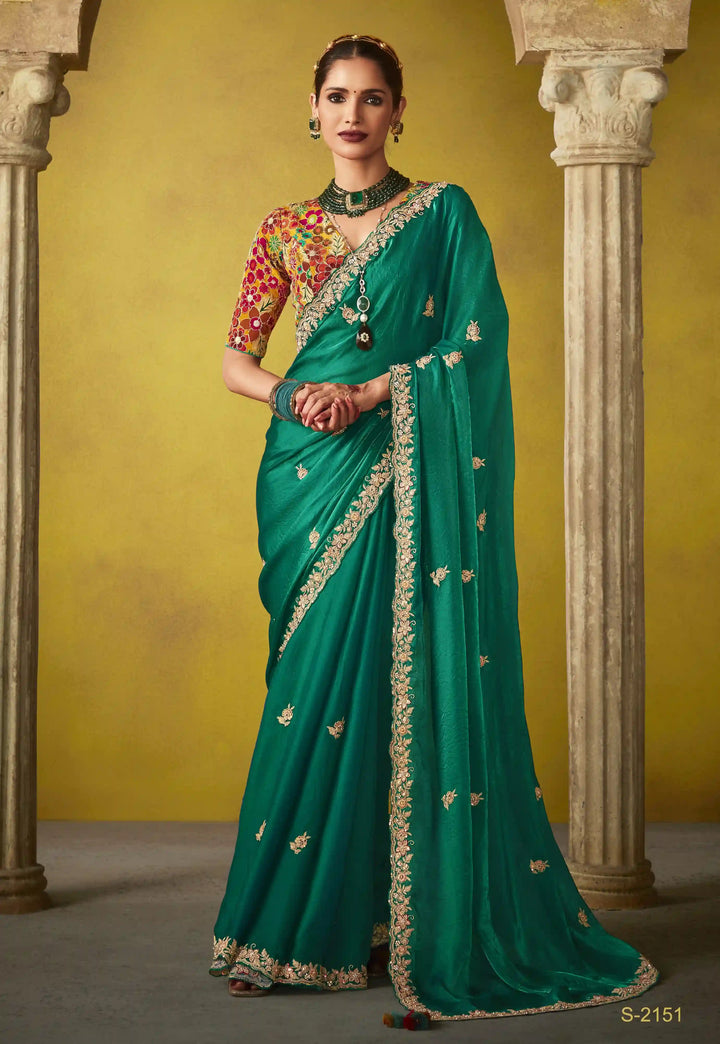 Elegant Green Saree with Detailed Embroidery Work – Perfect for Wedding or Party Wear