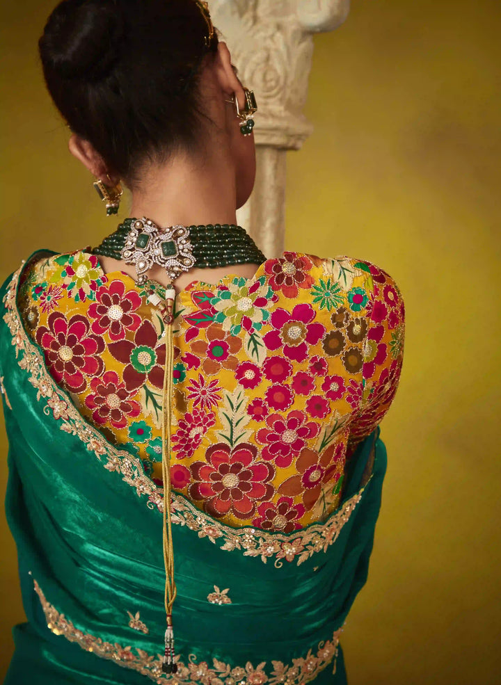Elegant Green Saree with Detailed Embroidery Work – Perfect for Wedding or Party Wear