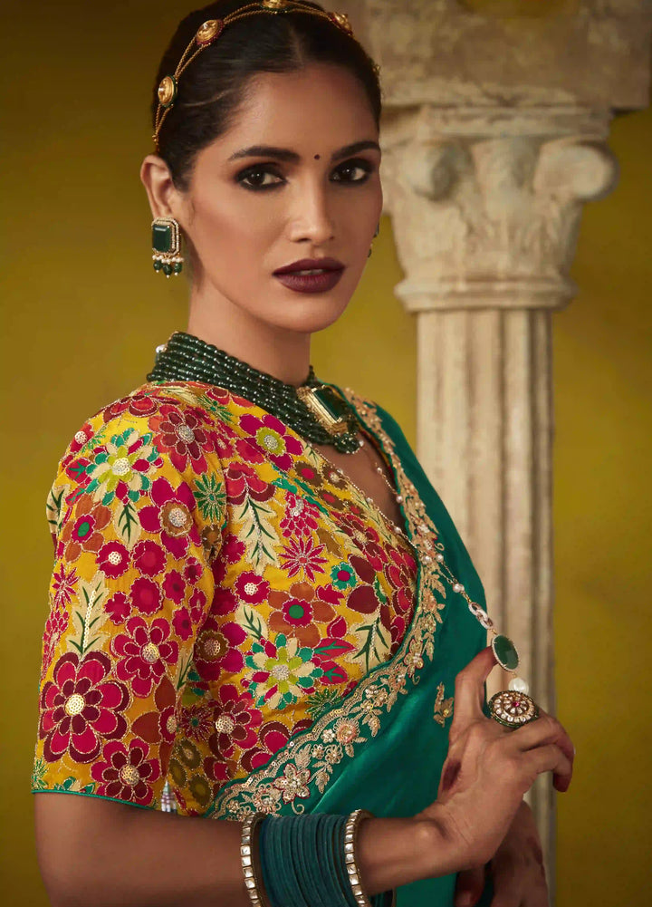 Elegant Green Saree with Detailed Embroidery Work – Perfect for Wedding or Party Wear