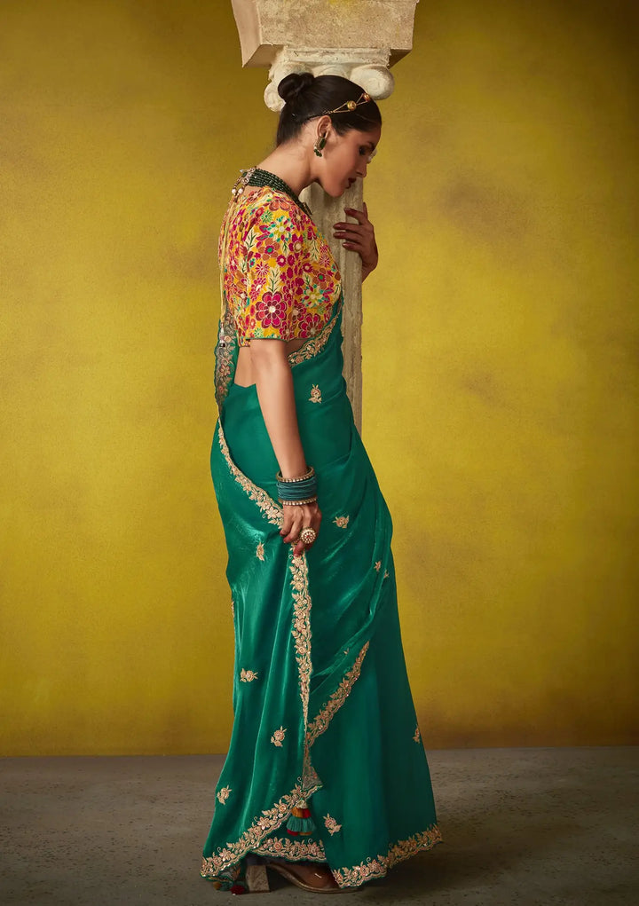 Elegant Green Saree with Detailed Embroidery Work – Perfect for Wedding or Party Wear