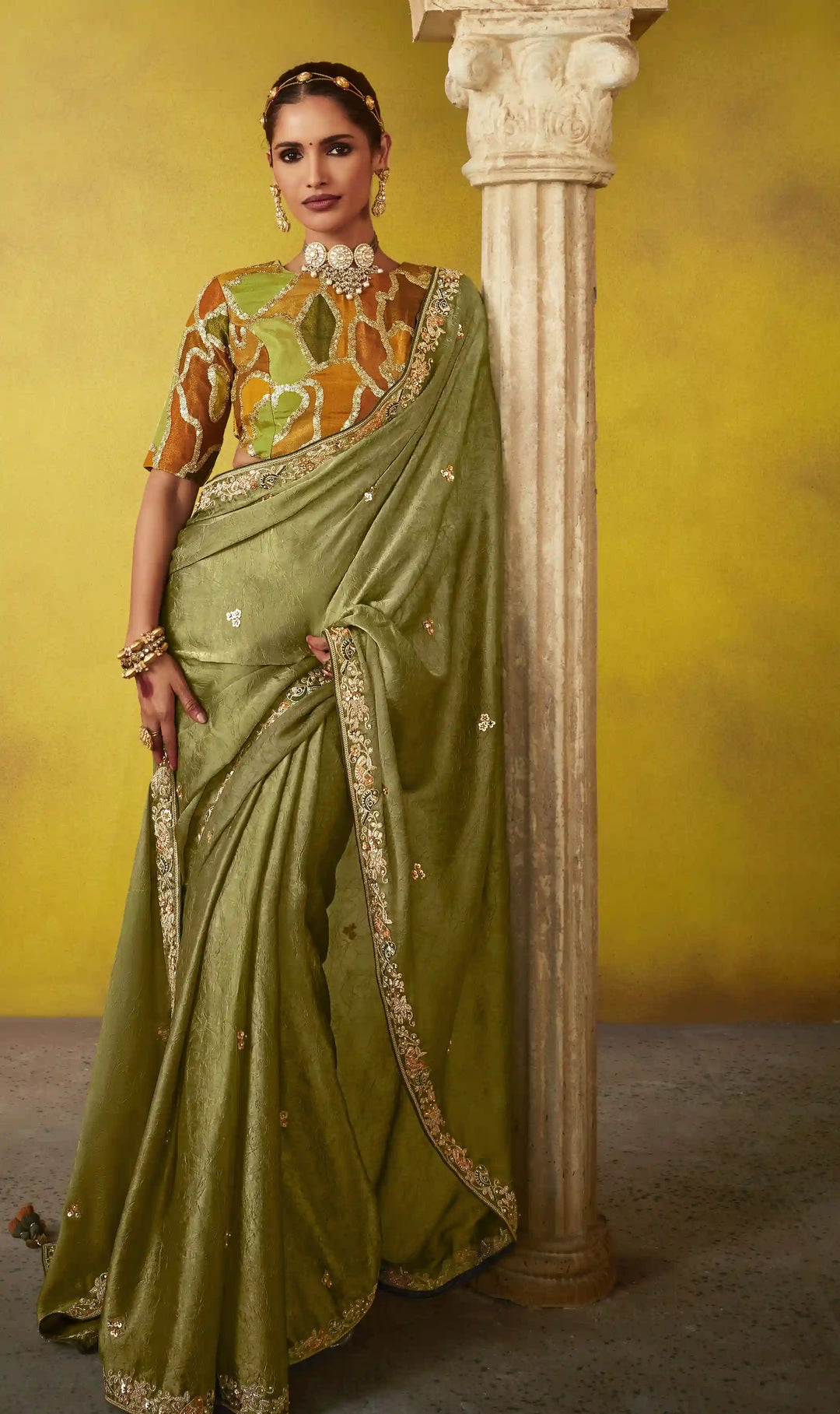 Beautiful Thread and Sequins Embroidered Dusty Green Saree