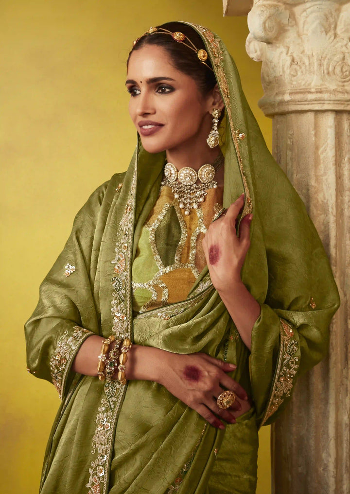 Beautiful Thread and Sequins Embroidered Dusty Green Saree