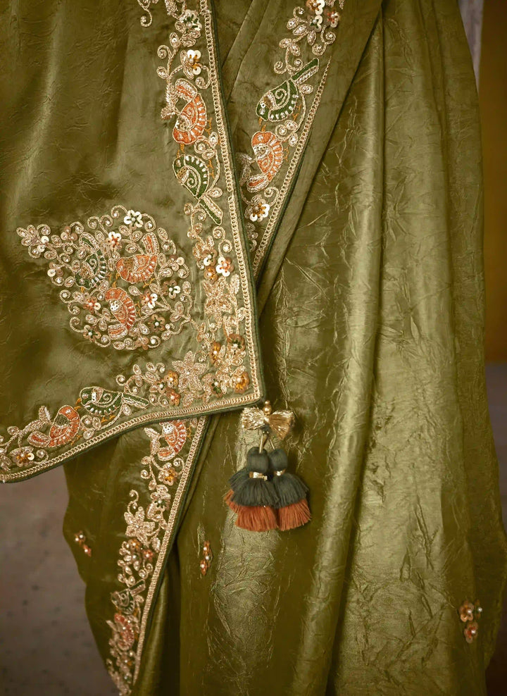 Beautiful Thread and Sequins Embroidered Dusty Green Saree