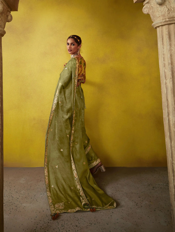 Beautiful Thread and Sequins Embroidered Dusty Green Saree