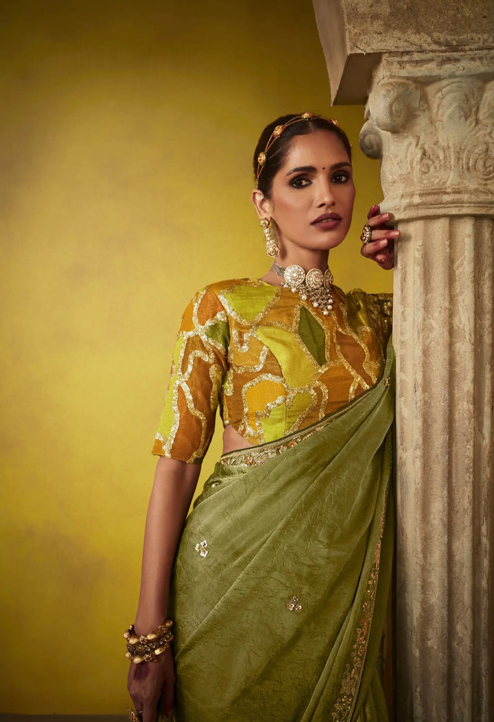 Beautiful Thread and Sequins Embroidered Dusty Green Saree