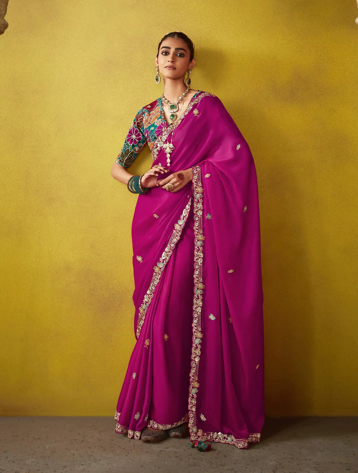 Flawless Bright Pink Tissue Saree: Sequins, Dori & Butti Embroidery