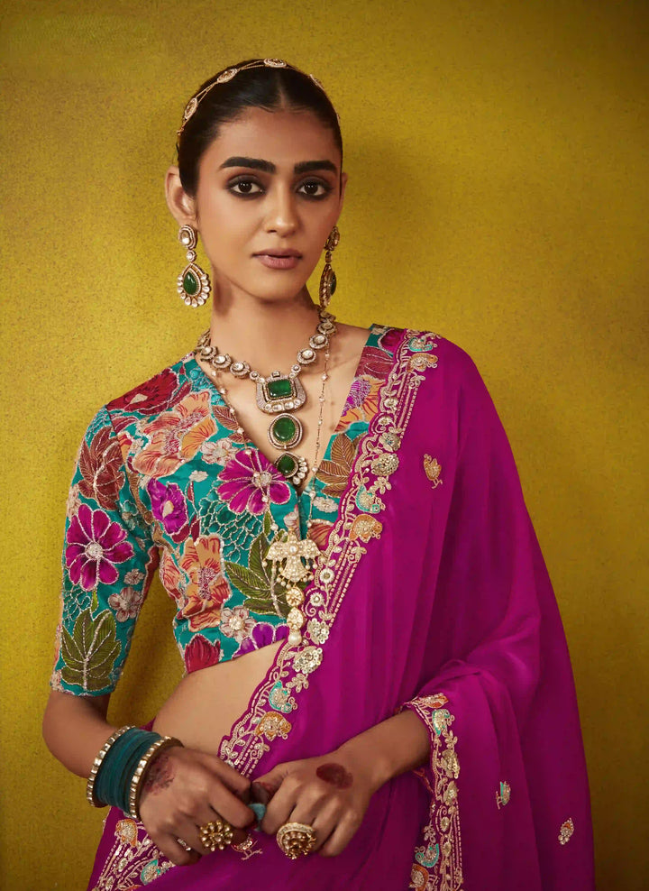 Flawless Bright Pink Tissue Saree: Sequins, Dori & Butti Embroidery