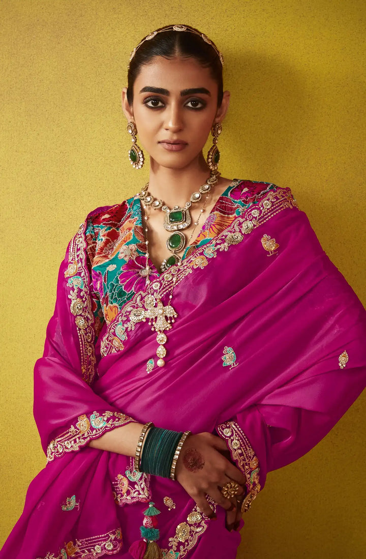 Flawless Bright Pink Tissue Saree: Sequins, Dori & Butti Embroidery