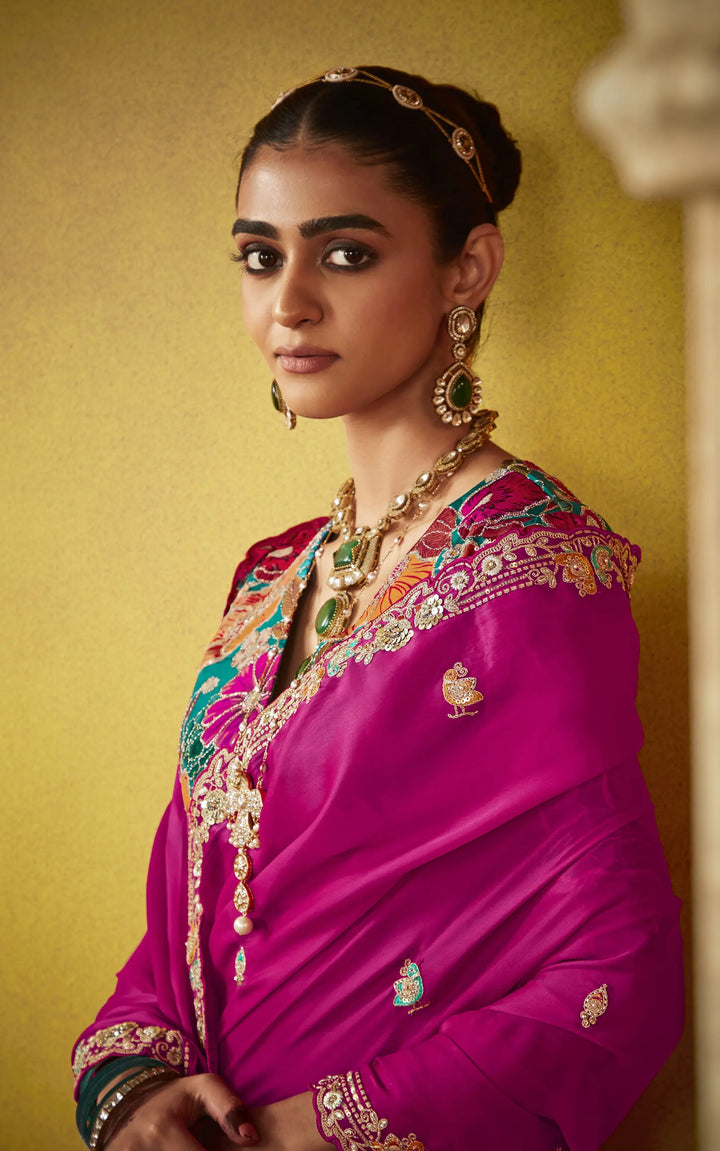Flawless Bright Pink Tissue Saree: Sequins, Dori & Butti Embroidery