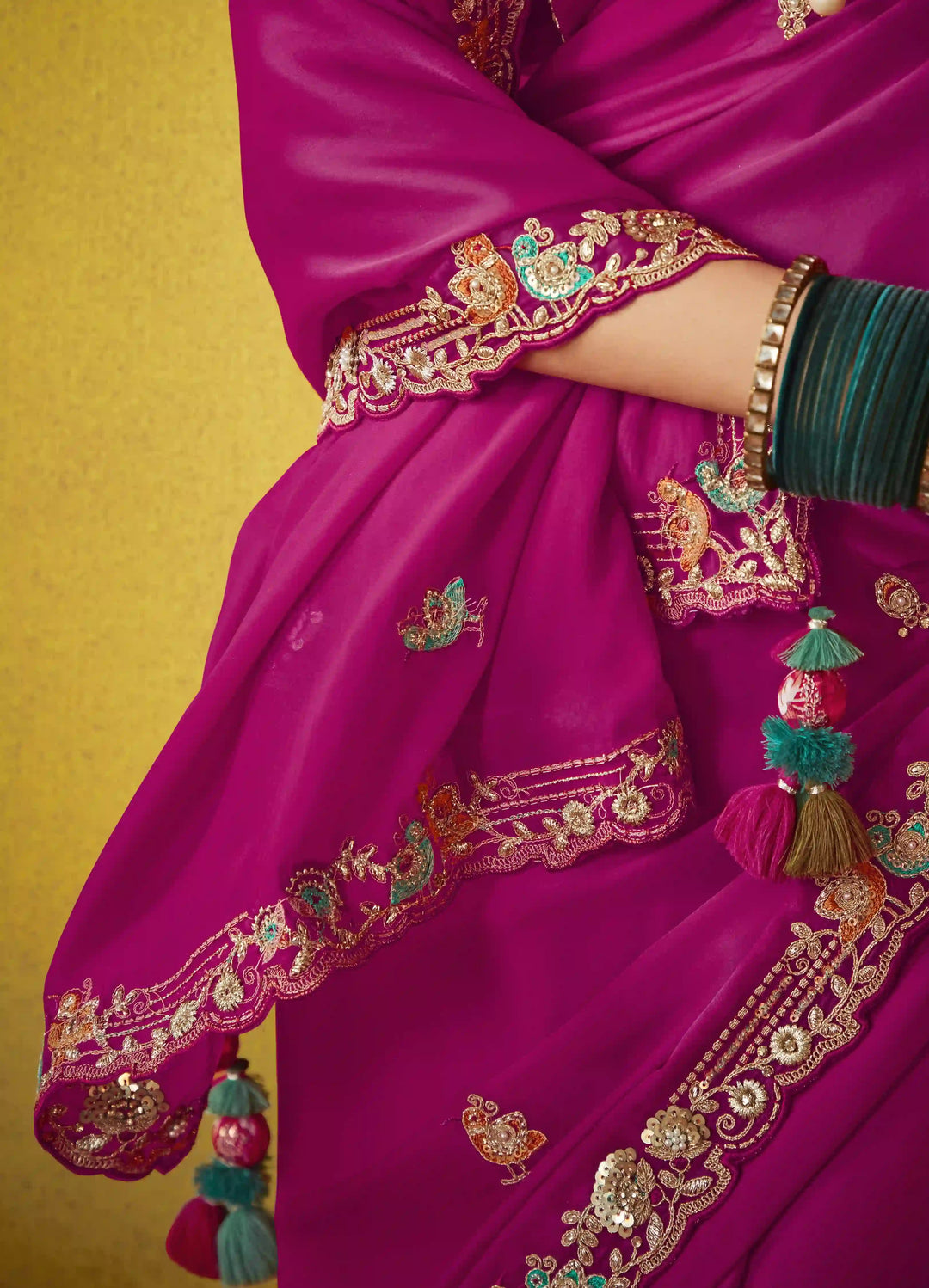 Flawless Bright Pink Tissue Saree: Sequins, Dori & Butti Embroidery